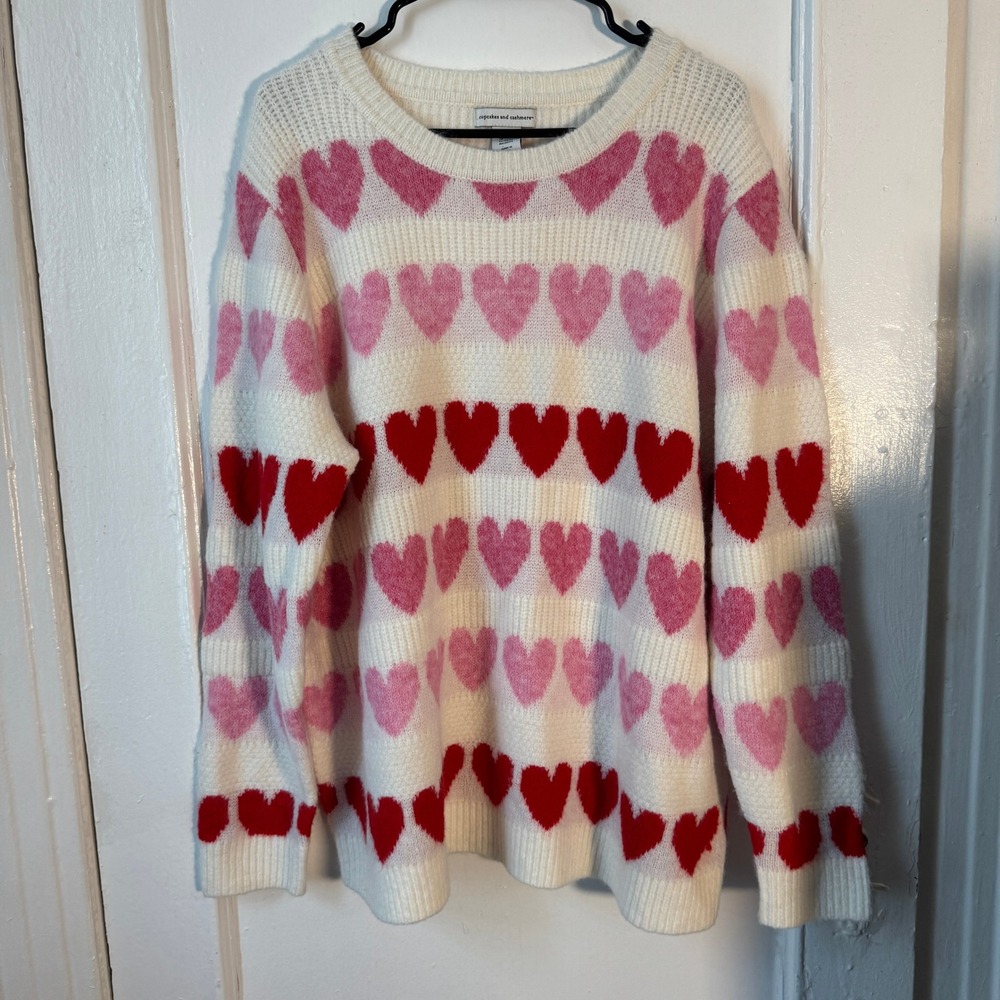 NWT Cupcakes Cashmere 2X Hearts Love Crewneck Sweater Pink Red White Maximalist